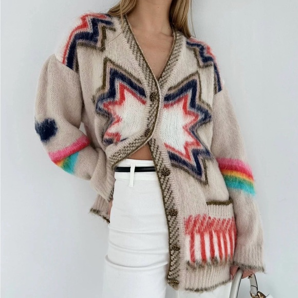 Cozy Multicolor Star Patterned Cardigan - Picture 3 of 16